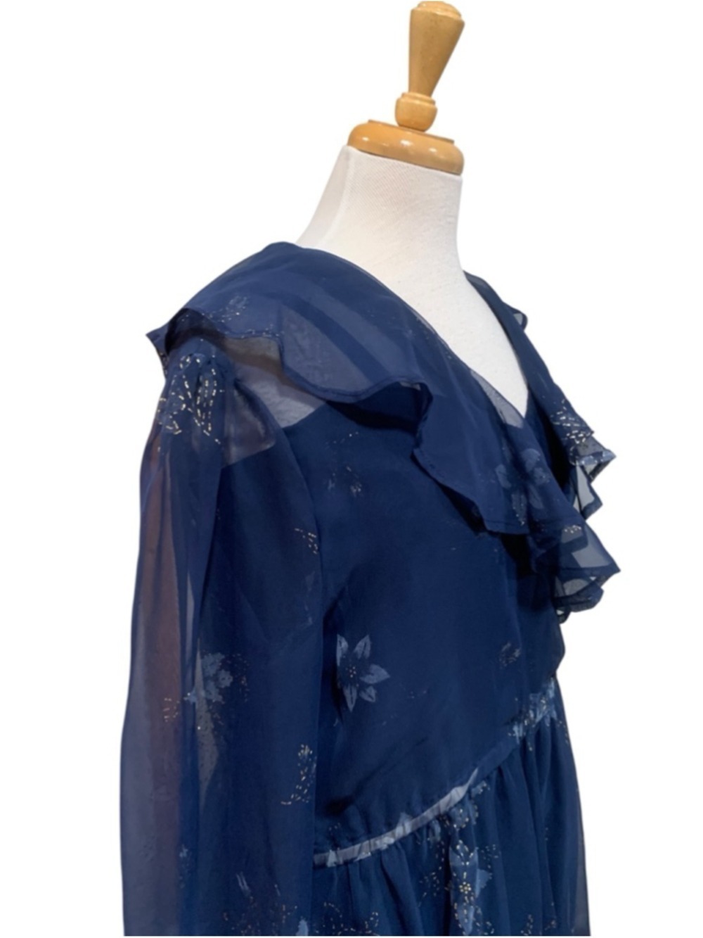Vntg 60’s Women's handmade sheer Long Sleeve Dress in Navy with Gold Accents